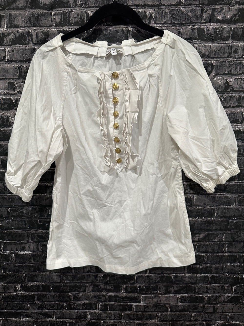 Walter White Ruffle-Front Puff Sleeve Top with gold button detail